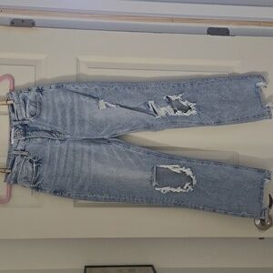 Women's Straight Leg Distressed Jeans - Light Blue